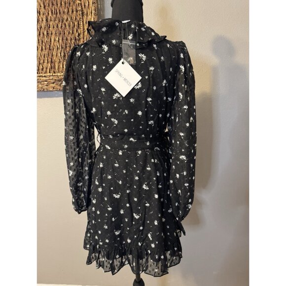 Spring + Mercer Women's Wrap Dress S Swiss Dot Floral Black White Ruffle NEW - Picture 3 of 11